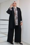 SHRNR473080 Büyük Beden Burbery Krep Üçlü Takım - Siyah/Leopar 