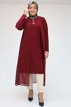 48044 Büyük Beden Üst Şifon Taş Detaylı Sandy Tunik - Bordo