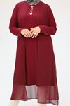 48044 Büyük Beden Üst Şifon Taş Detaylı Sandy Tunik - Bordo