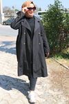 43055 Büyük Beden Bondit Kemerli Tençkot - Siyah