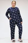F-47814 Büyük Beden Micro Süet Uzunkol Pijama Takımı - Büyük Kalp Lacivert