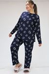 F-47814 Büyük Beden Micro Süet Uzunkol Pijama Takımı - Büyük Kalp Lacivert