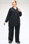 F-47811 Büyük Beden Önden Düğmeli Micro Süet Pijama Takım - Yıldızlı Siyah