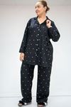 F-47811 Büyük Beden Önden Düğmeli Micro Süet Pijama Takım - Yıldızlı Siyah