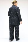 F-47811 Büyük Beden Önden Düğmeli Micro Süet Pijama Takım - Yıldızlı Siyah