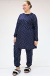 F-47810 Büyük Beden Kolu Lastikli Micro Süet Pijama Takımı - Lacivert