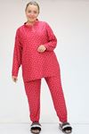 F-47812 Büyük Beden Yarım Pat Düğmeli Micro Süet Pijama Takımı - Kırmızı