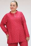 F-47812 Büyük Beden Yarım Pat Düğmeli Micro Süet Pijama Takımı - Kırmızı