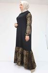 52010 Büyük Beden Desenli Bürümcük Altı Fırfırlı Elbise - Siyah-Leopar