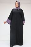 56008 Büyük Beden Kol Garnili Etamin Abaya Ferace - Siyah-Lila