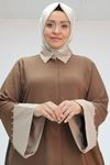56008 Büyük Beden Kol Garnili Etamin Abaya Ferace - Kahve - Vizon