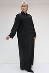 56012 Büyük Beden Kol Garnili Etamin Abaya Ferace - Siyah