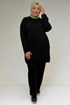 47069 Büyük Beden Çıma Detaylı Modal Pantolonlu Takım - Siyah