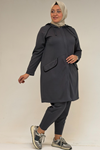 47068 Büyük Beden Çıtçıt Detaylı Modal Tunik Takım  - Antrasit