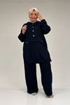47089 Büyük Beden Yarım Patlı Kapşonlu Pantolonlu Modal Takım - Lacivert