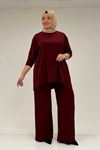 67033 Büyük Beden  Etek Ucu Parçalı Sandy Pantolonlu Takım - Bordo