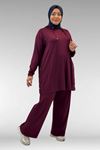 67034 Büyük Beden Yanları Patlı Penye Pantolonlu Takım - Bordo