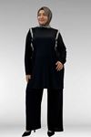 67022 Büyük Beden Omzu Taş Detaylı Sandy Pantolonlu Takım - Siyah