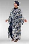 1735 Büyük Beden Garni Detaylı Pareo - Yaprak Desen Mavi