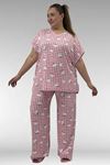 67802 Büyük Beden Yanı Yırtmaçlı Milan Pijama Takımı - Kedi Desenli