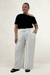 69012 Büyük Beden Beli Lastikli Cepli Bol Paça Double Tensel Pantolon - Ekru