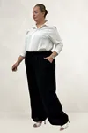 69012 Büyük Beden Beli Lastikli Cepli Bol Paça Double Tensel Pantolon - Siyah