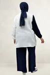 67025 Büyük Beden  Omuzu Şal Duruşlu Pantolonlu Takım - Ekru - Lacivert