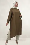 68077 Büyük Beden.Yanları Yırtmaçlı Double Tensel Tunik - Taba