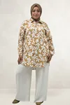 68094 Büyük Beden Manşetli Desenli Mango Tunik - Yaprak Desen Taba