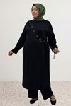63024 Büyük Beden Kruvaze Yaka Kemeri Çıtçıtlı Modal Kap - Siyah