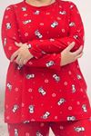 67810 Büyük Beden Uzunkol Desenli Süet Pantolonlu Pijama Takımı - Kırmızı Penguen Desenli